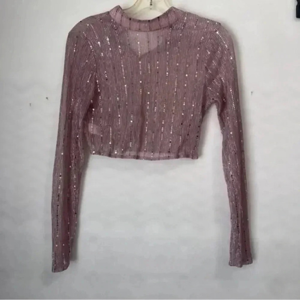 SHEIN Women's Pink Sequin Long Sleeve Crop Top Size M Party Blouse